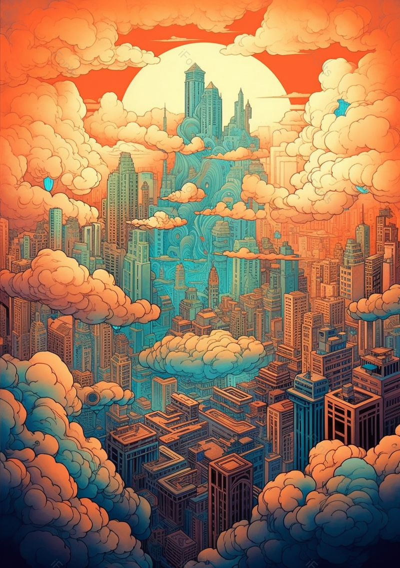 橙色幻想国潮夕阳俯拍插画背景,插画/手绘图,插画/手绘图库,插画/手绘图下载,插画/手绘